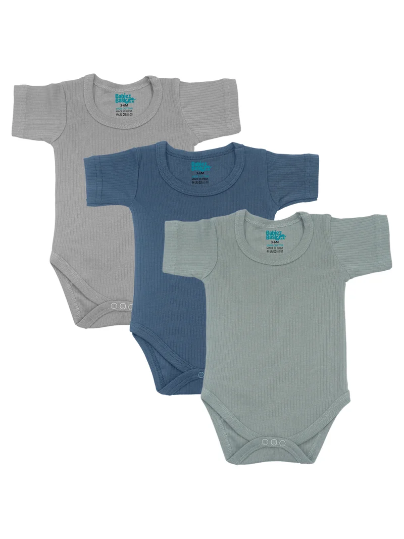 Babies Basic Babies Basic Ribbed Cotton Short Sleeves Romper/ Bodysuit, Green, Blue, Gray